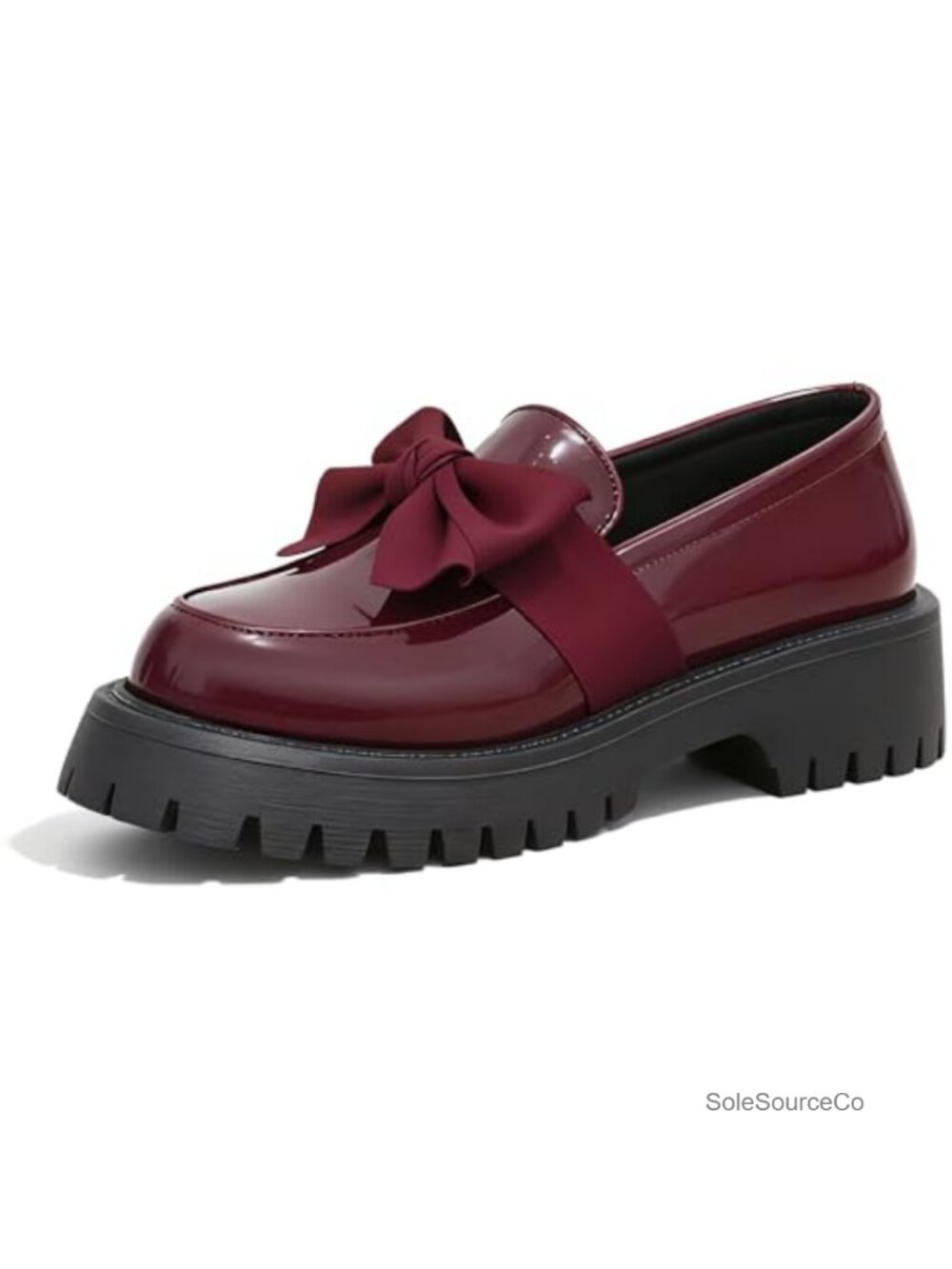 Patent Leather Bow Loafers Chunky Heel Lug Sole Slip-On Work Office Shoes